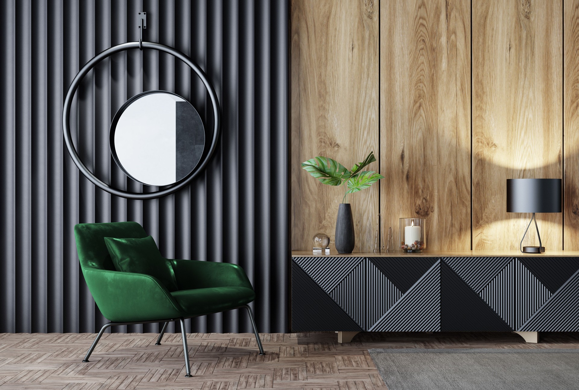 Cozy Modern Interior with Oak Wood Paneling and Black Metal Accents